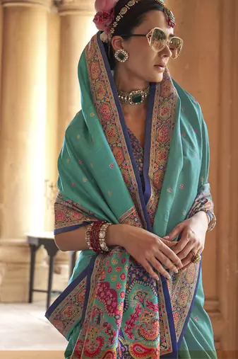 turquoise poly viscose silk blend woven butti printed saree