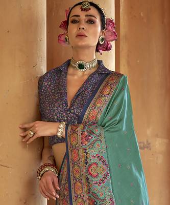 turquoise poly viscose silk blend woven butti printed saree 3