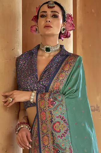 turquoise poly viscose silk blend woven butti printed saree