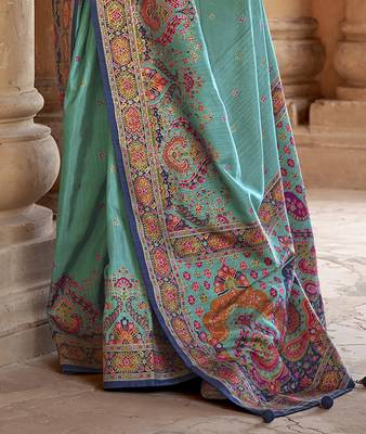 turquoise poly viscose silk blend woven butti printed saree 4