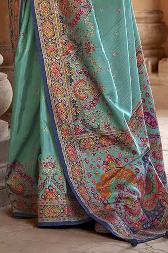 turquoise poly viscose silk blend woven butti printed saree