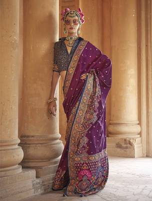 wine poly viscose silk blend woven butti printed saree 1