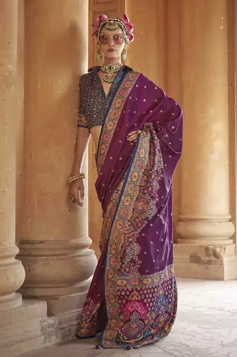 wine poly viscose silk blend woven butti printed saree