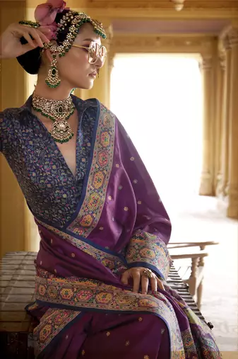 wine poly viscose silk blend woven butti printed saree