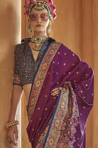 wine poly viscose silk blend woven butti printed saree