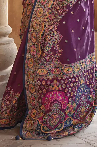 wine poly viscose silk blend woven butti printed saree
