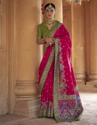 pink poly viscose silk blend woven butti printed saree 1