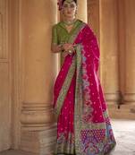 pink poly viscose silk blend woven butti printed saree