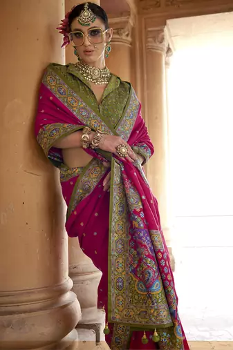 pink poly viscose silk blend woven butti printed saree