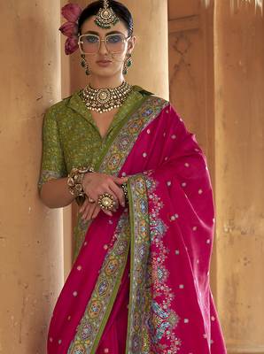 pink poly viscose silk blend woven butti printed saree 3