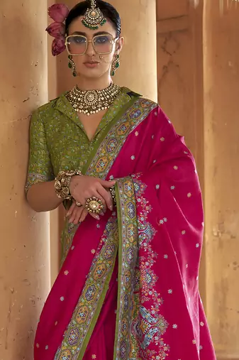 pink poly viscose silk blend woven butti printed saree