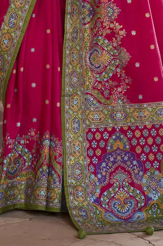 pink poly viscose silk blend woven butti printed saree