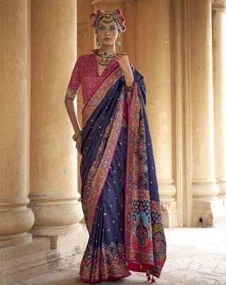 navy blue poly viscose silk blend woven butti printed saree 1