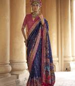 navy blue poly viscose silk blend woven butti printed saree