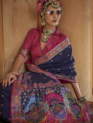 navy blue poly viscose silk blend woven butti printed saree 2