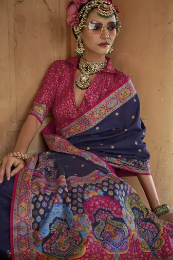 navy blue poly viscose silk blend woven butti printed saree