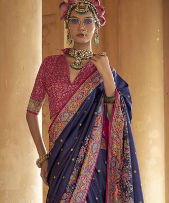 navy blue poly viscose silk blend woven butti printed saree 3