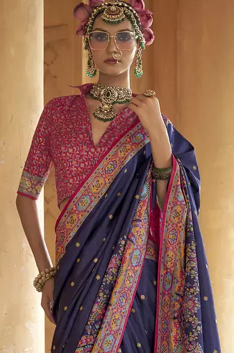 navy blue poly viscose silk blend woven butti printed saree