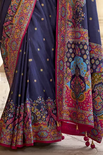 navy blue poly viscose silk blend woven butti printed saree