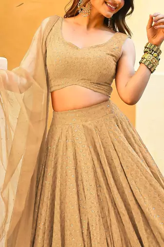 fabulous beige embroidered georgette reception wear indian wedding lehenga dress