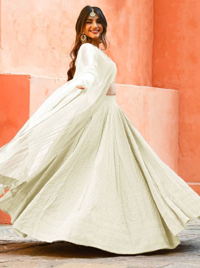 fabulous white sequins embroidered georgette reception wear indian wedding lehenga dress