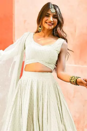 fabulous white sequins embroidered georgette reception wear indian wedding lehenga dress