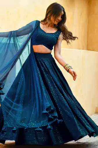 teal-blue sequins embroidered georgette designer indian wedding lehenga dress