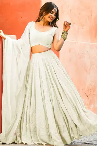 fabulous white sequins embroidered georgette reception wear indian wedding lehenga dress