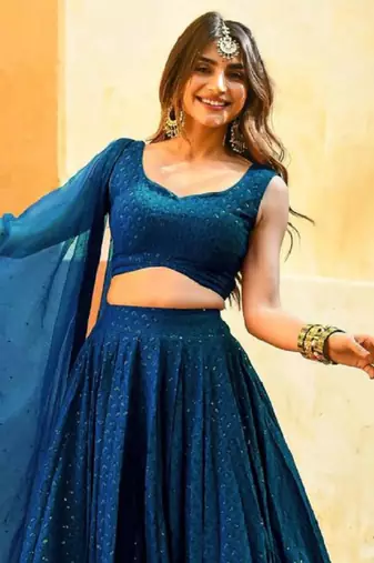 teal-blue sequins embroidered georgette designer indian wedding lehenga dress