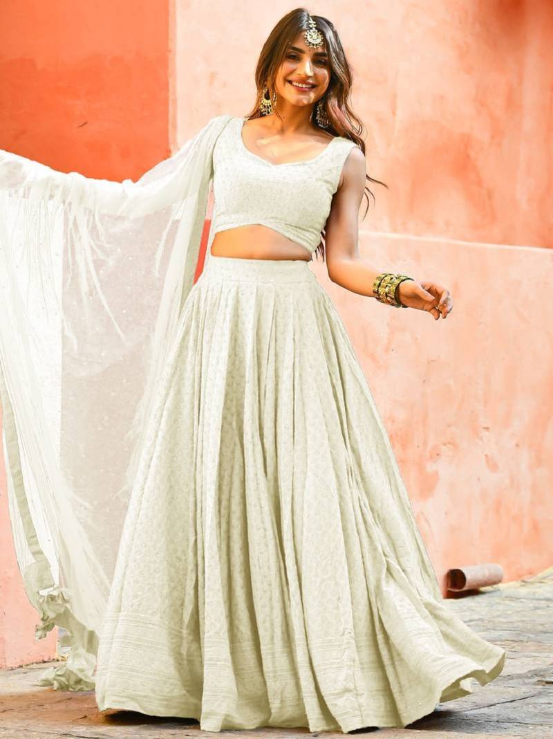 fabulous white sequins embroidered georgette reception wear indian wedding lehenga dress