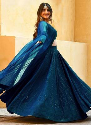 teal-blue sequins embroidered georgette designer indian wedding lehenga dress 4