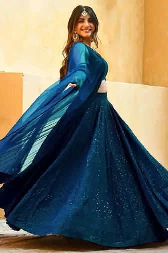 teal-blue sequins embroidered georgette designer indian wedding lehenga dress