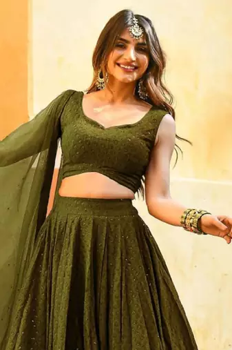 fabulous Mahendi-Green embroidered georgette reception wear indian wedding lehenga dress