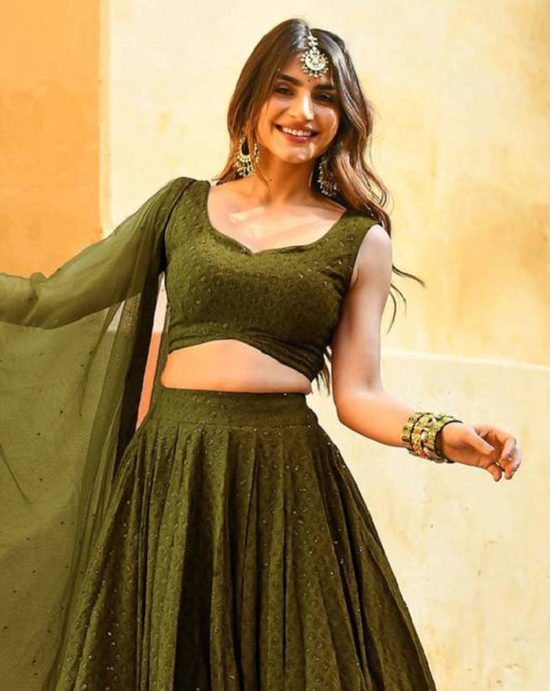 fabulous Mahendi-Green embroidered georgette reception wear indian wedding lehenga dress