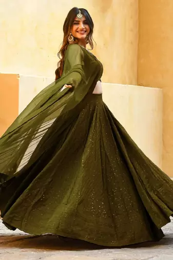 fabulous Mahendi-Green embroidered georgette reception wear indian wedding lehenga dress
