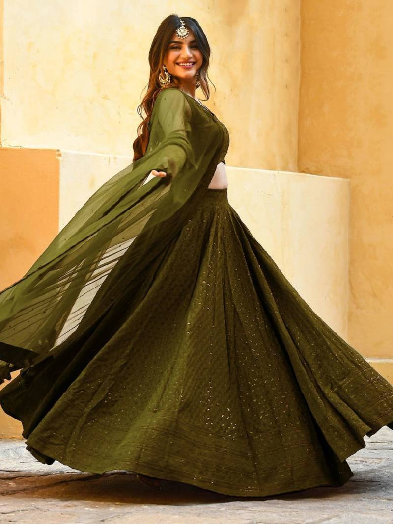 fabulous Mahendi-Green embroidered georgette reception wear indian wedding lehenga dress