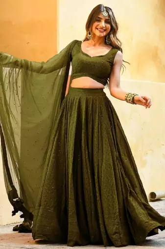 fabulous Mahendi-Green embroidered georgette reception wear indian wedding lehenga dress