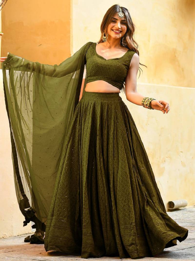 fabulous Mahendi-Green embroidered georgette reception wear indian wedding lehenga dress