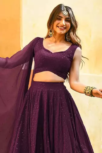 wine sequins embroidered georgette designer indian wedding lehenga dress