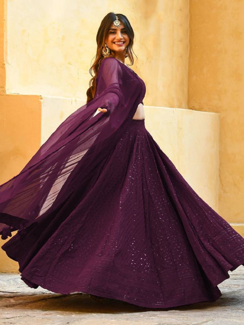 wine sequins embroidered georgette designer indian wedding lehenga dress
