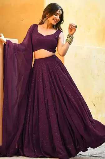 wine sequins embroidered georgette designer indian wedding lehenga dress