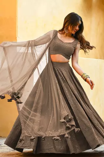 grey sequins embroidered georgette engagement wear indian wedding lehenga dress