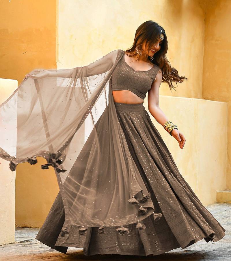 grey sequins embroidered georgette engagement wear indian wedding lehenga dress