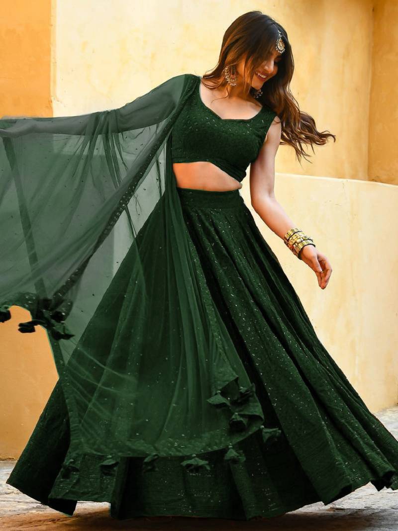 green sequins embroidered georgette engagement wear bridesmaid indian wedding lehenga