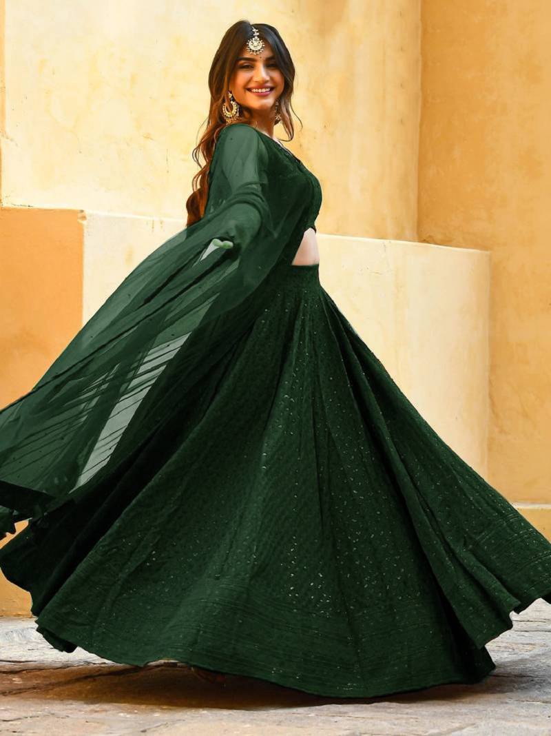 green sequins embroidered georgette engagement wear bridesmaid indian wedding lehenga
