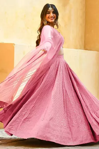 fabulous light-pink embroidered georgette reception wear indian wedding lehenga dress