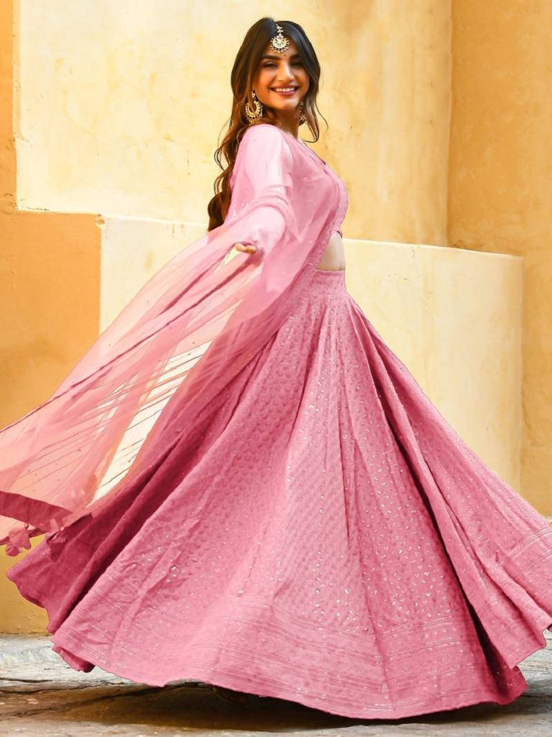 fabulous light-pink embroidered georgette reception wear indian wedding lehenga dress