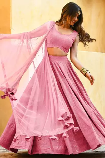 fabulous light-pink embroidered georgette reception wear indian wedding lehenga dress