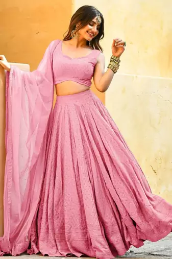 fabulous light-pink embroidered georgette reception wear indian wedding lehenga dress