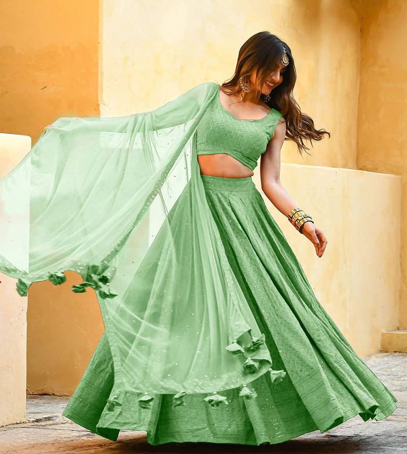 mint-green sequins embroidered georgette designer indian wedding lehenga dress